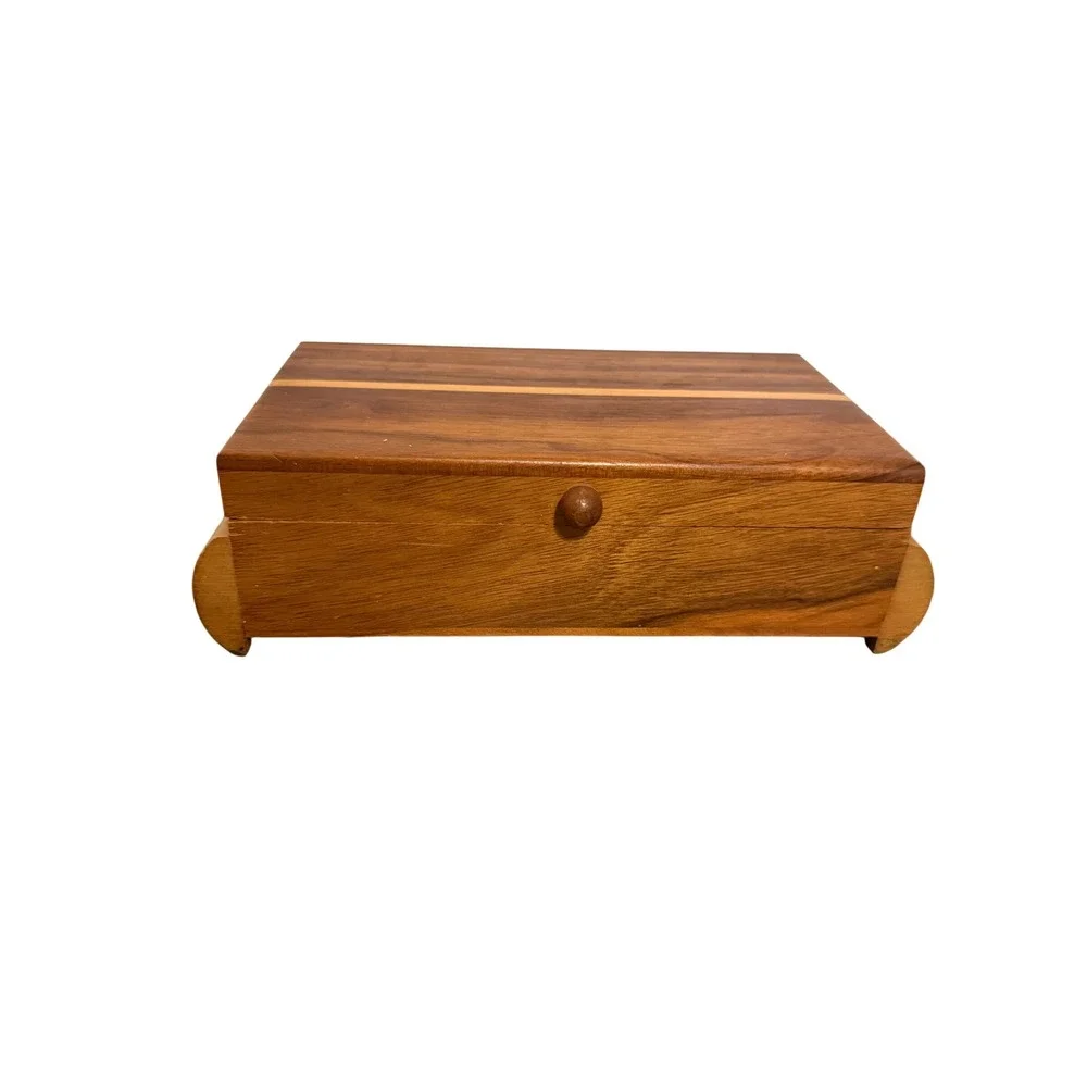 Handcrafted Mixed Wood Trinket Box Inlay Hinged Keepsake Jewelry Chest Brown MCM